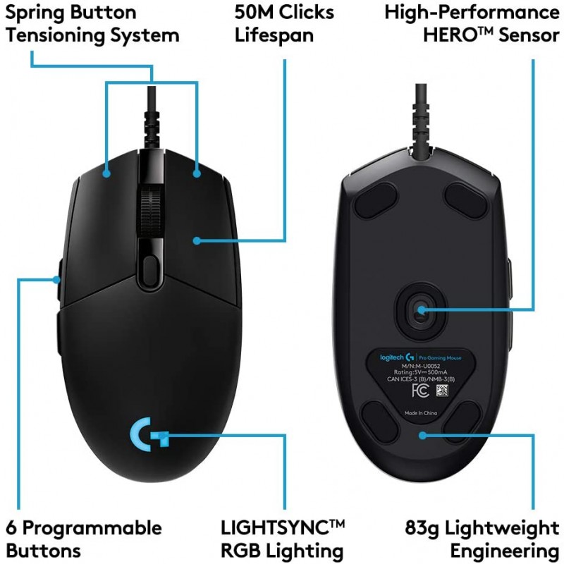 Logitech G PRO Wired Gaming Mouse, HERO 25K Sensor, Black