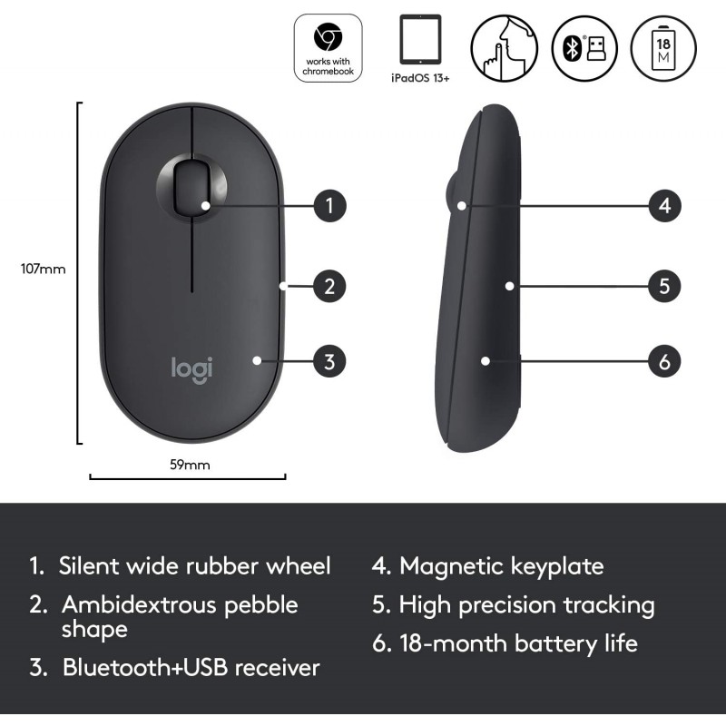 Logitech Pebble M350 Silent Wireless Mouse with Bluetooth or USB - Graphite