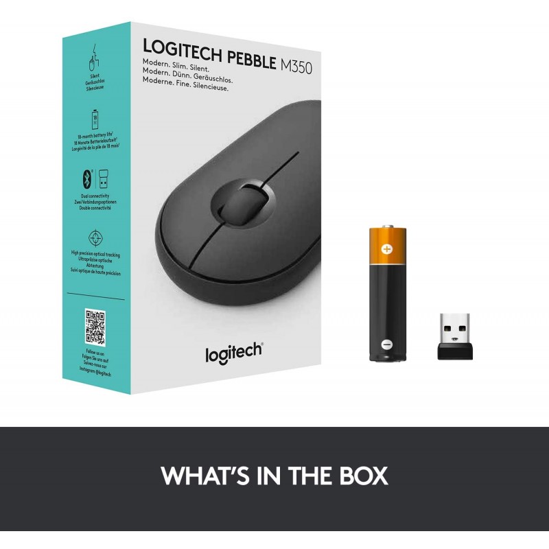 Logitech Pebble M350 Silent Wireless Mouse with Bluetooth or USB - Graphite