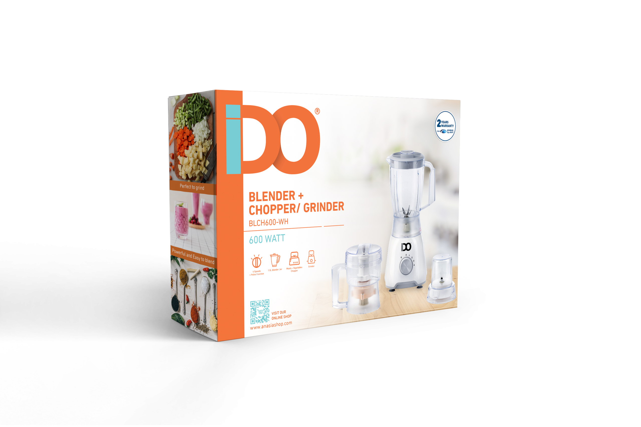 أي دو خلاط + مفرمة خضروات & لحم 600 واط، أبيض - BLCH600-WH أي دو خلاط + مفرمة خضروات & لحم 600 واط، أبيض - BLCH600-WH