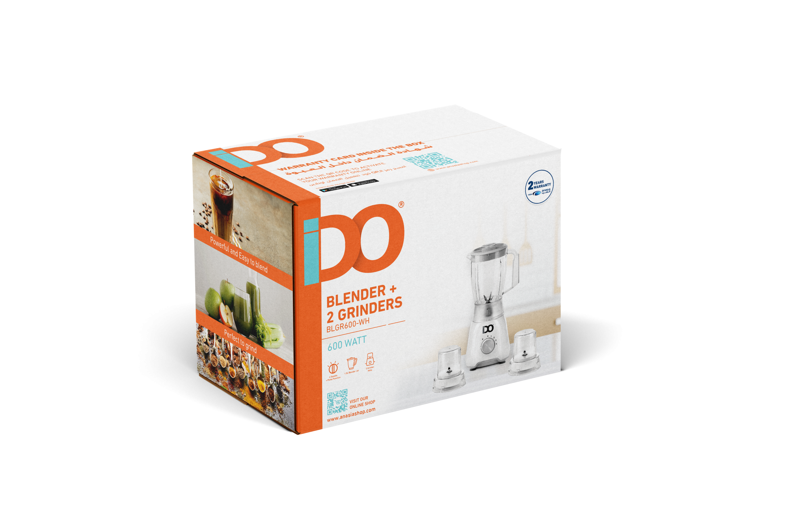 أي دو خلاط + 2 مطحنة 600 واط مع وظيفة النبض، أبيض - BLGR600-WH أي دو خلاط + 2 مطحنة 600 واط مع وظيفة النبض، أبيض - BLGR600-WH